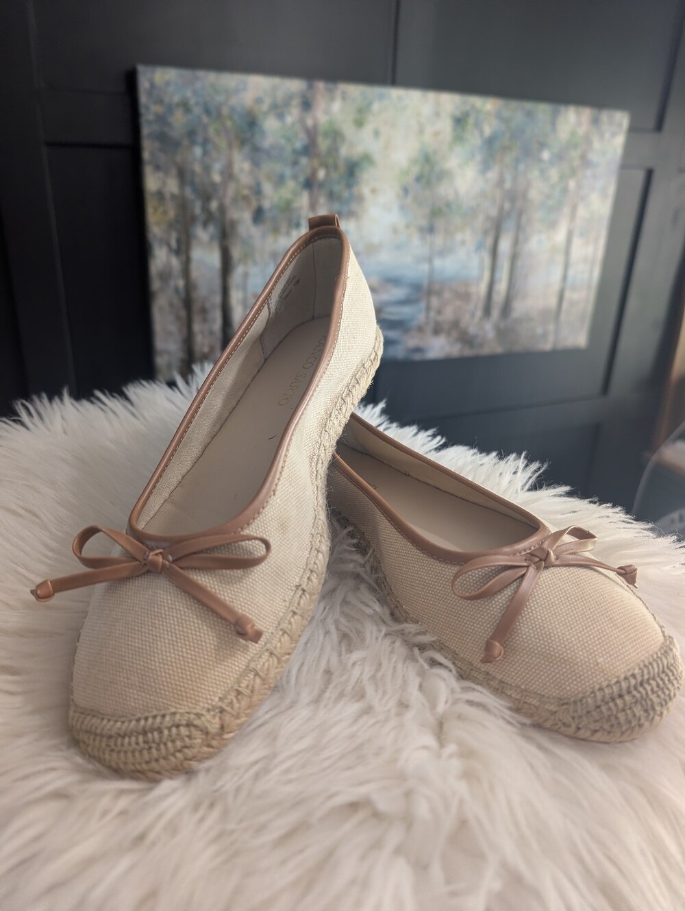 Franco Sarto Cream and Tan Espadrille Ballet Flats.